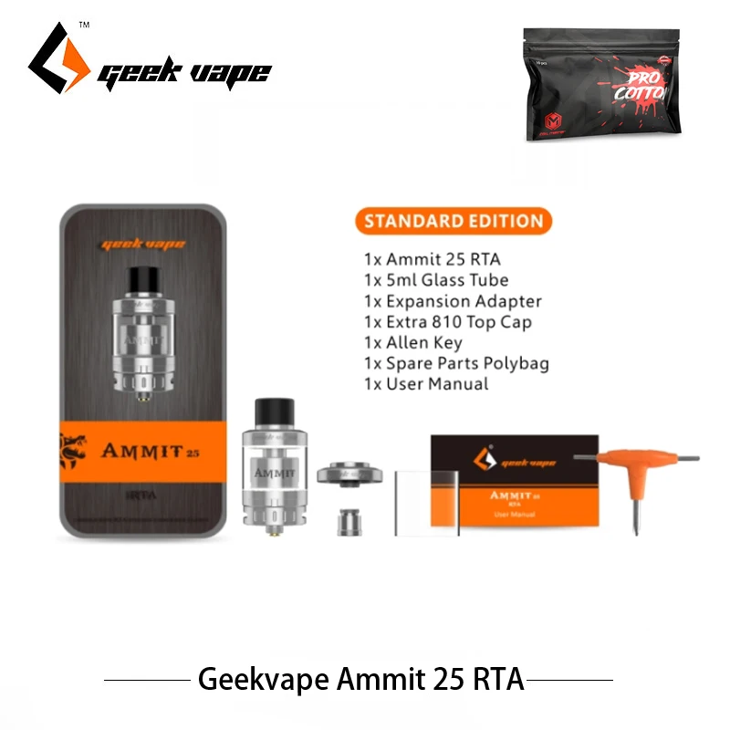 

Original Electronic Cigarettes Atomizer Geekvape Ammit 25 RTA 5ml Tank Support 70w Electronic Cigarettes Mod Enhanced 3D Airflow