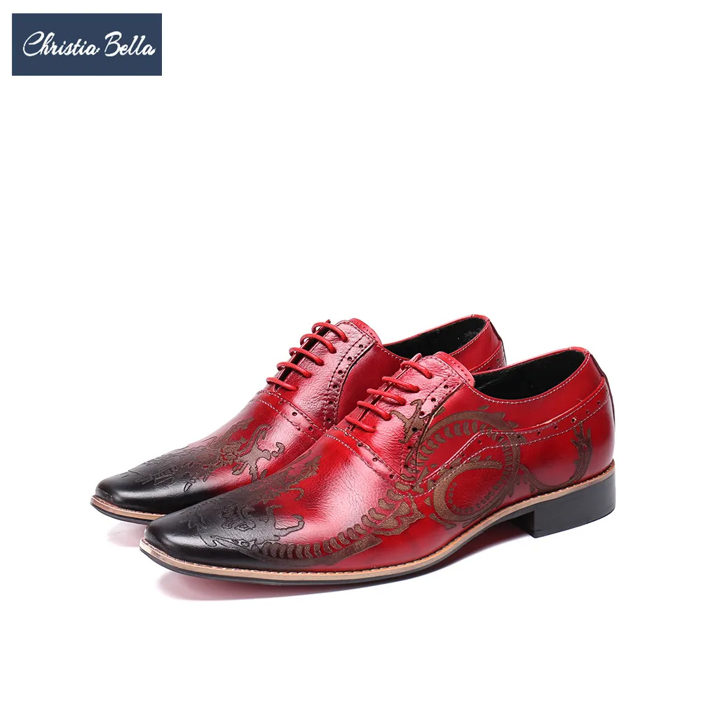 

Christia Bella British Style Bullock Carved Men Brogue Shoes Genuine Leather Square Toe Men Oxford Shoes Red Formal Dress Shoes