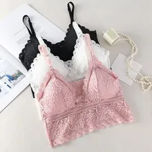 De moda de las mujeres inalámbrica Bra bralette con relleno V profundo sujetadores de encaje Top corto de verano bordado camiseta de flores sin mangas