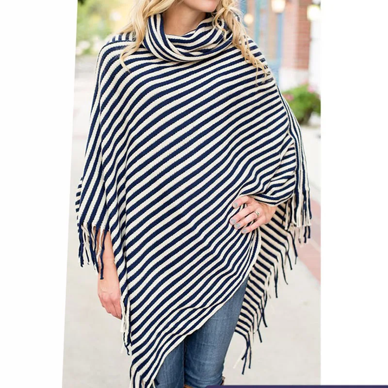 

Hot selling elegant ladies fashion 100% acrylic knitted stripe poncho wholesale