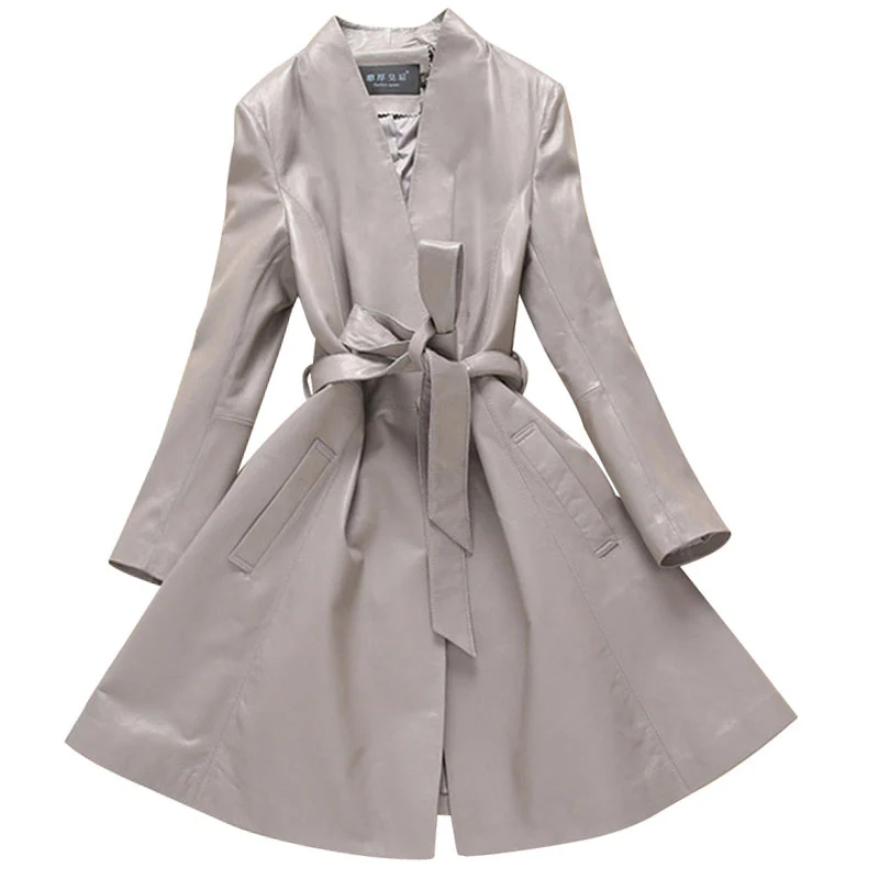 Haute Mince Printemps En Qualité 2018 Nouveau Manteau Lf426 De Ceintures Peau Femmes Dames Vestes Automne Cuir Veste Doux Mouton Kaki Gris Longues QrstxChd