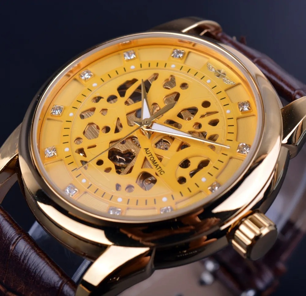 

Winner Diamond Skeleton Designer Automatic Movement Brown Leather Strap Men Golden Luxury Watch Relogio Masculino Clock Men