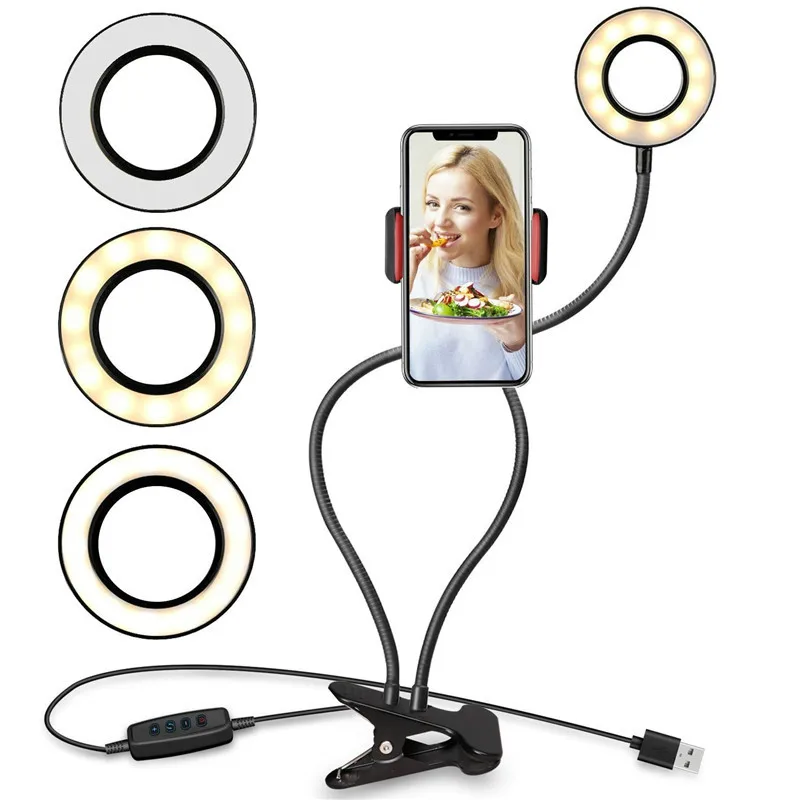 

Universal 2-in-1 Cell Phone Lazy Holder with LED Selfie Ring Light Live Stream for iPhone Phone Clip Holder Bracket Desk Lamp