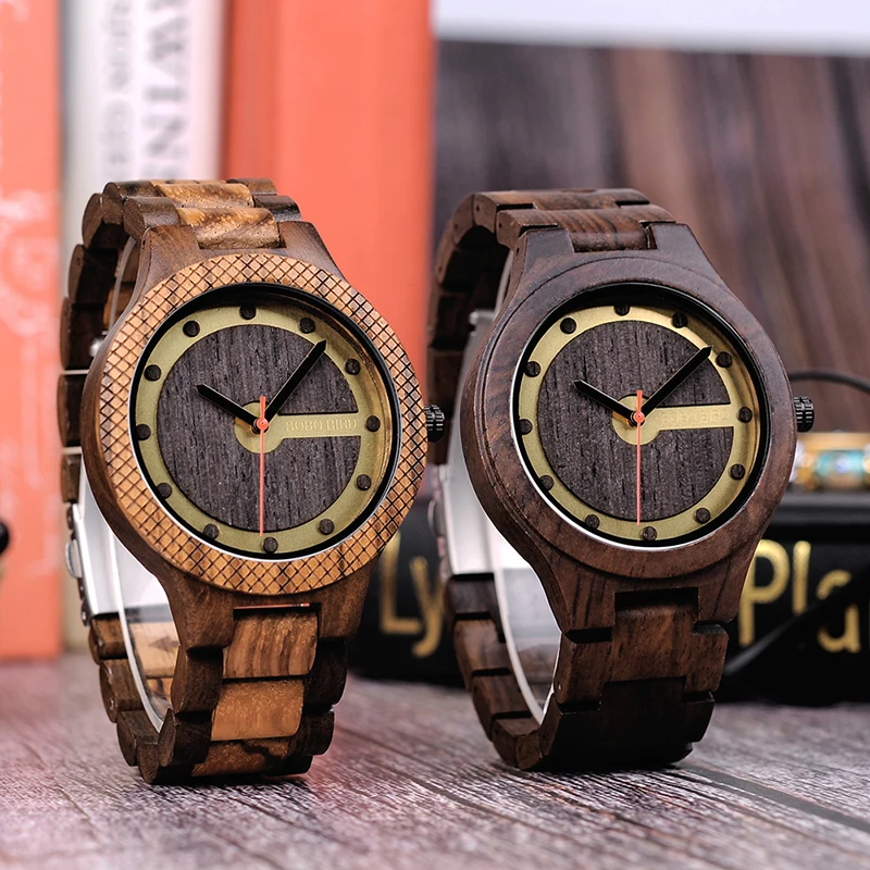 BOBO BIRD Q09 Mens Wooden Watch Simple Quartz Watches Zebrawood and Ebony Optional Free Shipping