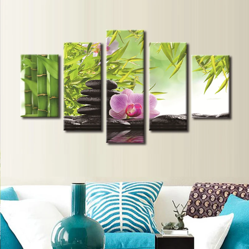 BANMU 5 Panel Wall Art Botanical Green Feng Shui Orchid Oil Painting On