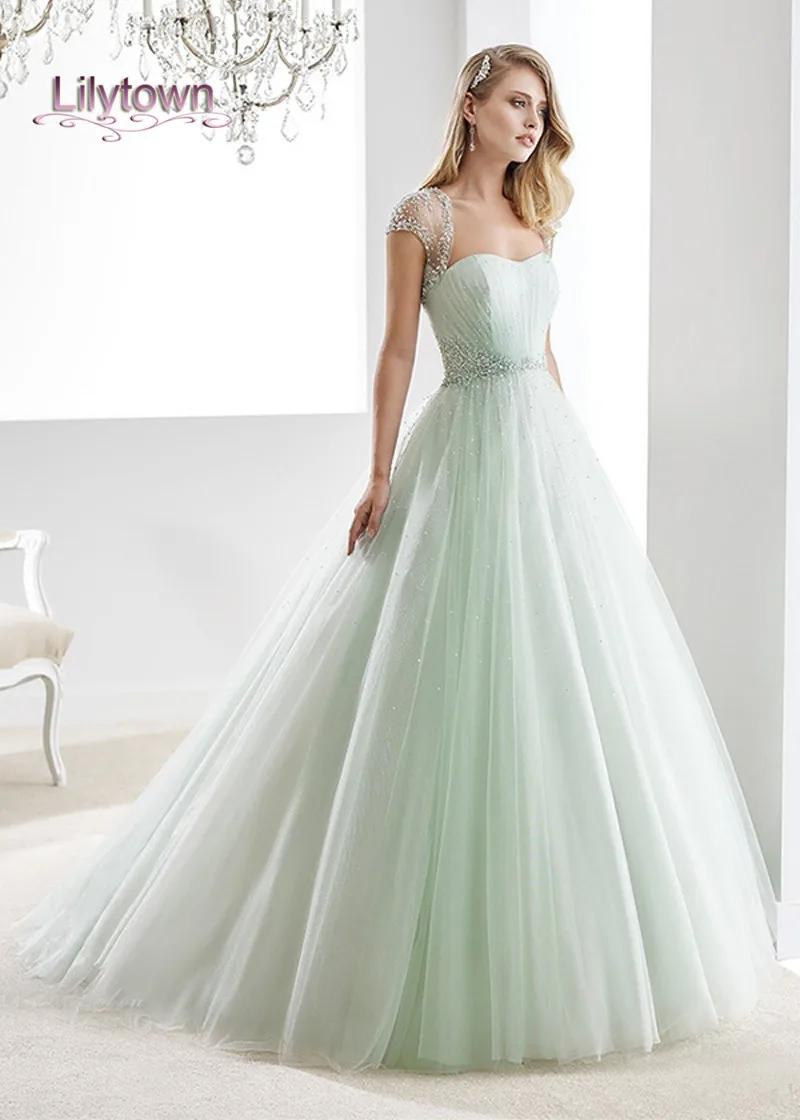 2016 Wedding Dresses Beaded Sheer Cap Sleeves Sweetheart Neckline
