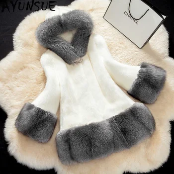 

AYUNSUE Faux Fur Coat Women Imitation Fox Fur Collar White Female Jacket Hooded Furry Womens Coats Winter Casaco Feminino KJ510