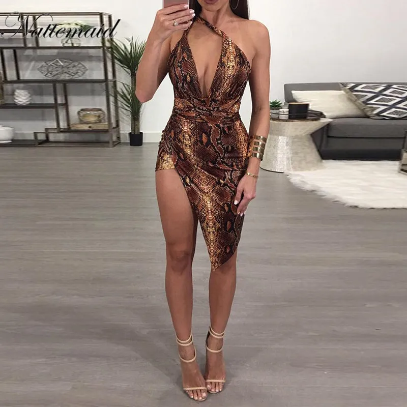 

NATTEMAID Sexy deep v neck Sleeveless Printing Mini Dress Women Print Floral Backless Party Dresses Vestidos night Club Wear