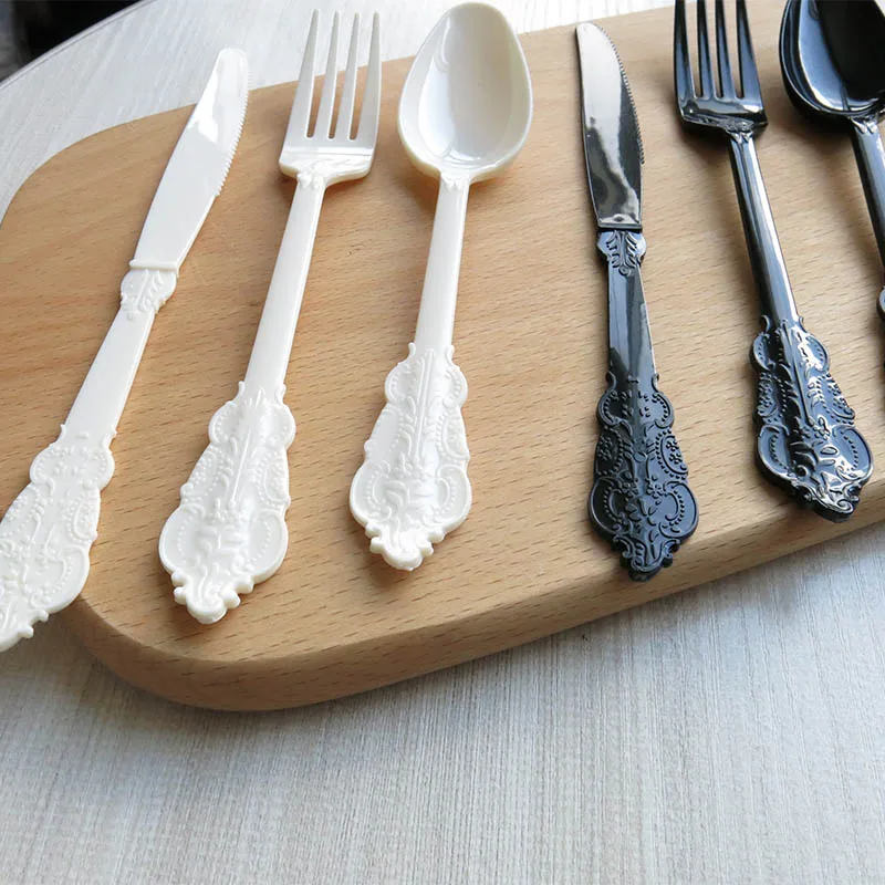 

12pcs(4sets) Disposable Plastic Party Cutlery Tableware sets knives+spoons+forks Long Handle Solid for wedding Birthday Travel