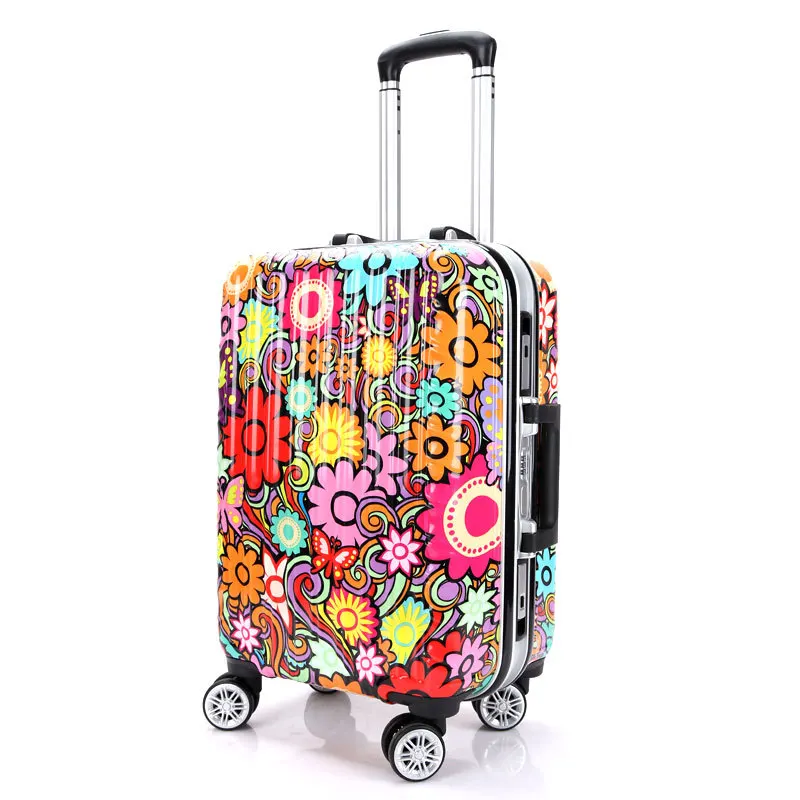 

New Woman Multicolor Flower Trolley Case Girls Aluminum Frame Print Travel Suitcase Universal Wheels Trolley Luggage