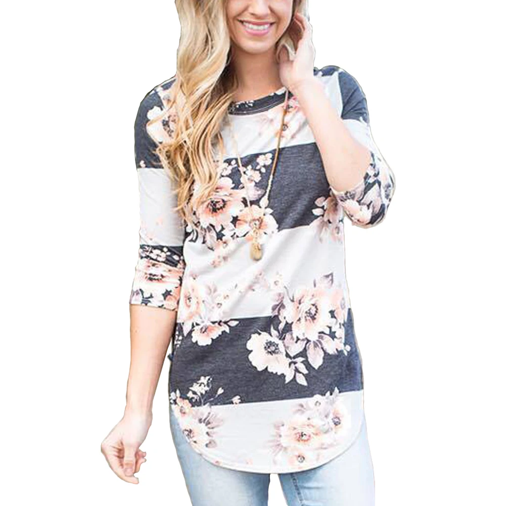 

Floral Print Striped T-shirt Women Three Quarter Sleeve O Neck Dot Casual Tshirt Fashion Female Tee Shirt 2018 Ladies Tops