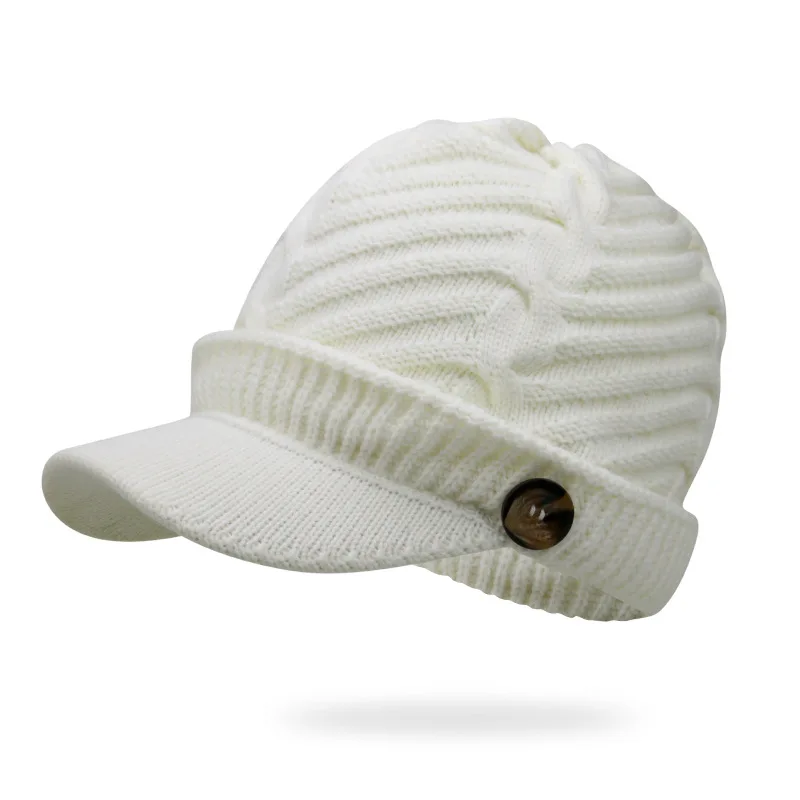 Lanmaocat Knitting Hat Men Women Winter Knitting Hats Warm Cap with Visor Wool Winter Knitting Hats Free Shipping - Цвет: white