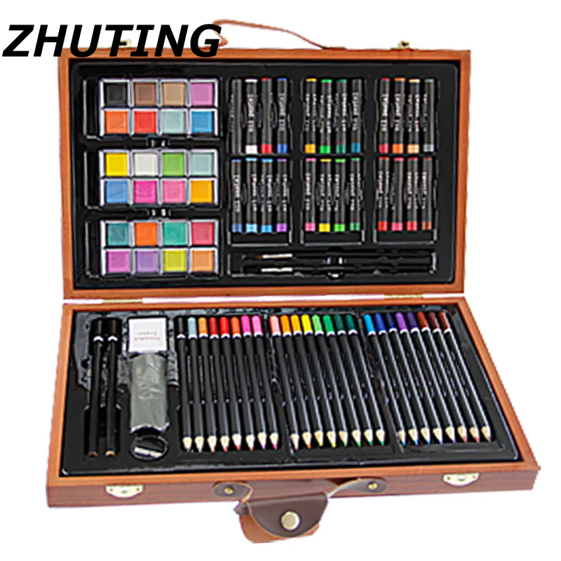 

84pcs Art Paintings of Basic Watercolor Pens Art Marks Wooden Box Set Color Pencil Sketch Watercolor Painting Art Set