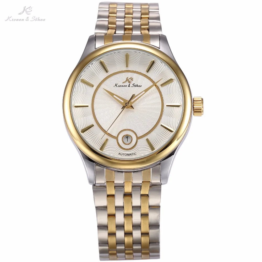 KS Luxury Brand Calendar Display Relogio Silver Gold Dial Steel Band Automatic Self Wind Casual Clock Men Mechanical Watch/KS260 men luxury brand casual gold full steel band skeleton automatic self wind mechanical hand wind goden relogio for man wrist watch