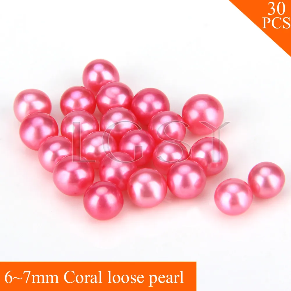 

FREE SHIPPING, Beautiful 6-7mm AAA Coral saltwater round akoya pearls 30pcs for fitting Jewelries