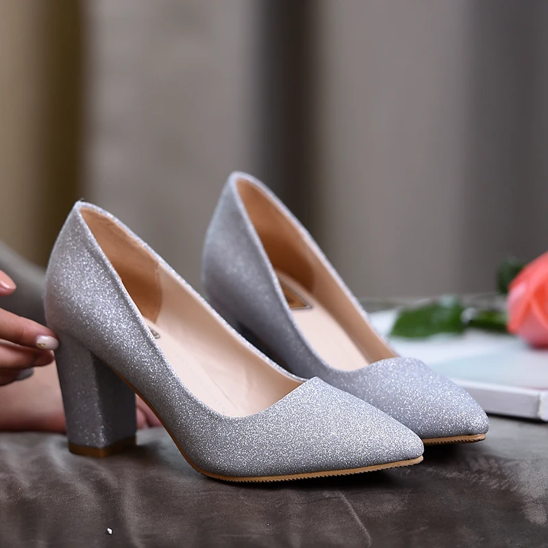 

Block Heels Sexy Bling Shoes Women Pumps 2019 Autumn High Heel Shoes Silver Gold Wedding Shoes Bridal Slip on Footwear