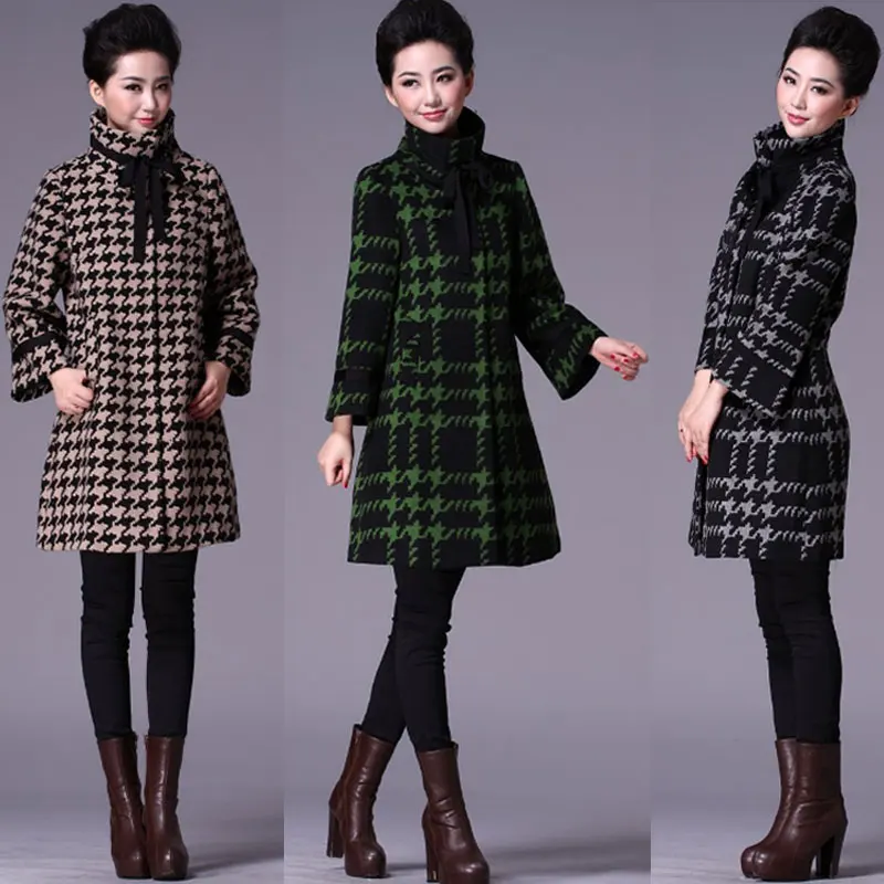 Women Wool Blends Plaid Coat Femal Thick Turtleneck Striped Printed Winter Coat Classic Outerwear Spring Trench Coat S-5XL Coats