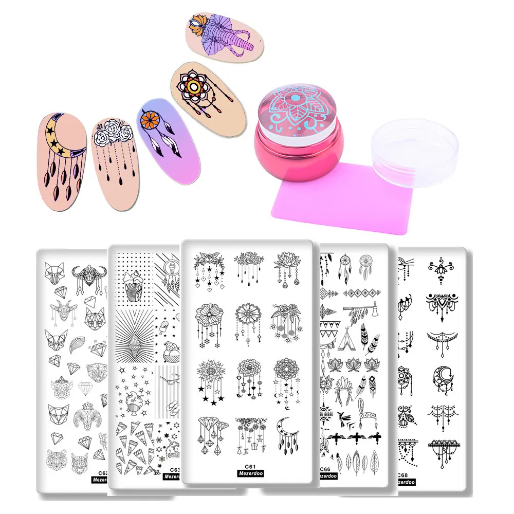 

5Nail Art Stamp Template Indian Necklace Feather Printing Plate for Manicure Tool+ 1Pink Chess Silicone Nail Stamper Scraper Set