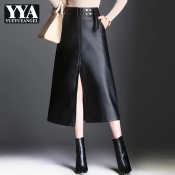 

Women PU Skirt 2019 Solid Black Autumn Split Mid Length Skirts High Waist OL Skirt High Quality Office Lady Skirt Female Clothes
