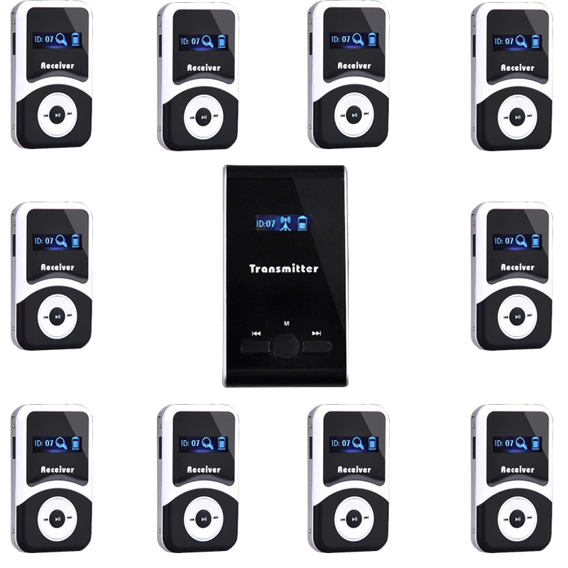 

1 Transmitter and 10 Receivers 72-76Mhz Wireless Tour Guide System with Clip-on Microphone Earphone for Court Interpreting