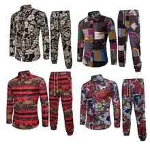 Europe Ethnic Style Male Tracksuit Holiday Set Floral Shirts Pants Man Travel Wear Suits 5XL Big Size Clothing Long Sleeve 2019