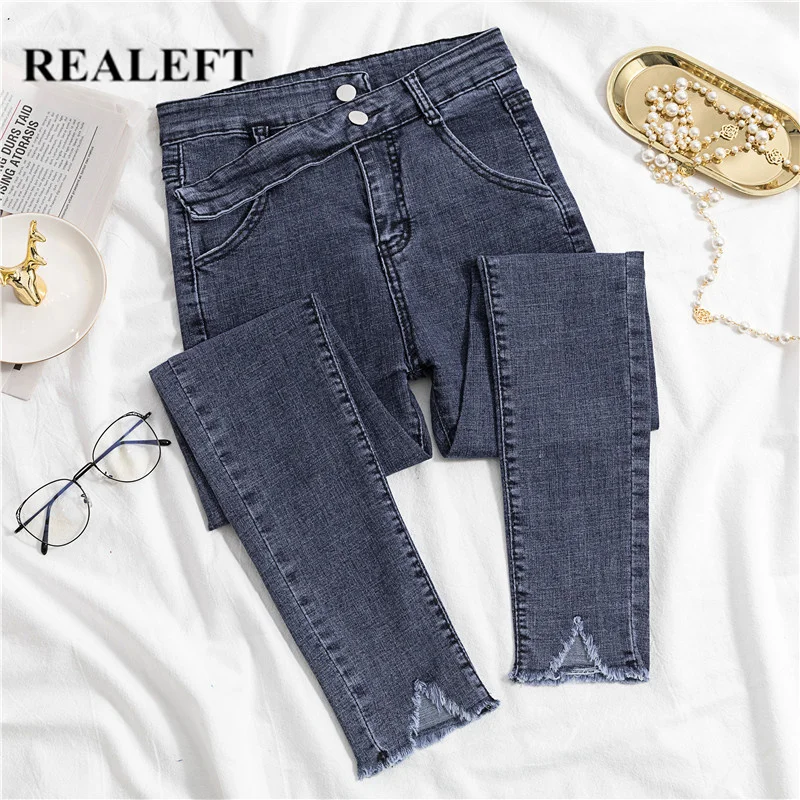 

REALEFT Summer 2019 New Arrival Streetwear Women Denim Skinny Pants Mid Waist Regular Ankle-Length Pencil Jeans Pants for Ladies