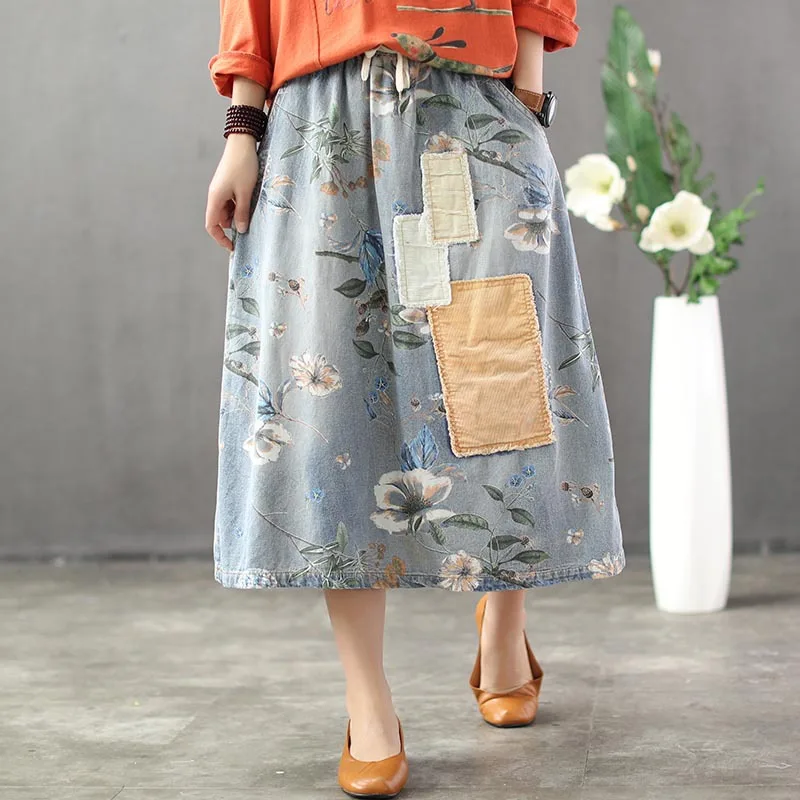

Summer Woman Vintage Nation Style Washed Jeans Skirt Floral Print Elastic Waist Denim Long Skirt Oversized Loose Casual Skirt