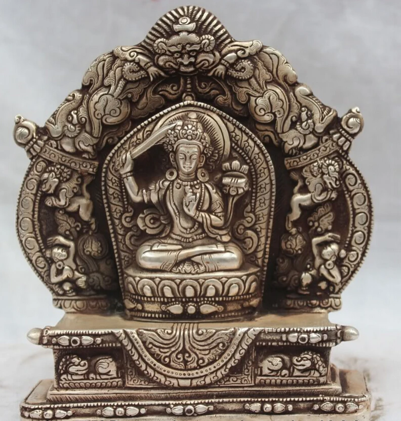 

fast shipping USPS to USA S2081 Tibet Tibetan Silver Buddhist Dragon Wenshu Manjushri Bodhisattva shrine Statue