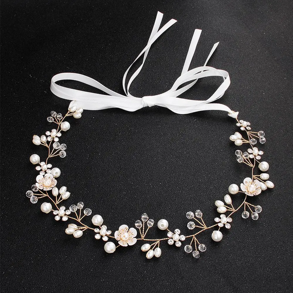 

Bridal Crystal Flower Hair Band Crown Handmade Imitation Pearl Beaded Rhinestone Headband Wedding Dress Hair Accessories