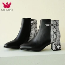 Snake Print Thick High Heels Women Boots Pu Square Toe Footwear Ankle Female Boot Zip Shoes Women 2019 Spring New White Snake Print Thick High Heels Women Boots Pu Square Toe Footwear Ankle Female Boot Zip Shoes Women 2019 Spring New White