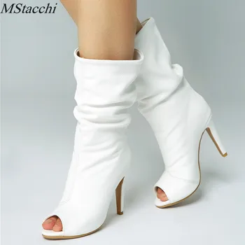 

Mstacchi Spring Summer Autumn White Ladies High Heels Boots For Women Peep Toe Mid Calf Boots Fancy Dress Party Plus Size 34-47