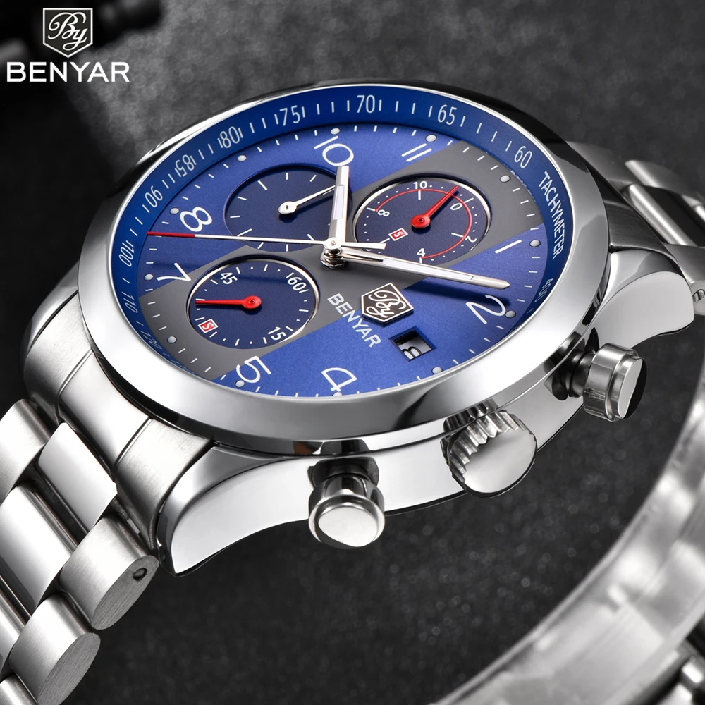 

BENYAR Blue Face Mens Watches Top Brand Luxury Waterproof Date Quartz Watch Full Steel Band Business Sport Wristwatch Men 2018