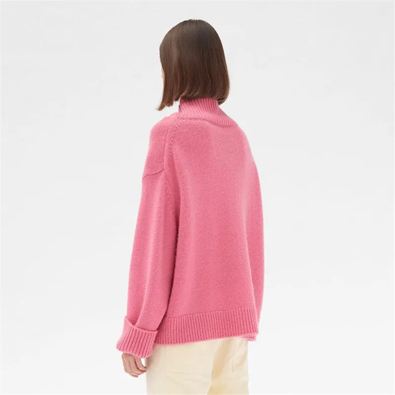 Кашемировый толстый вязаный женский модный пуловер, свитер с высоким воротником, ассиметричный длинный широкий свободный розовый арбуз, S/M/L