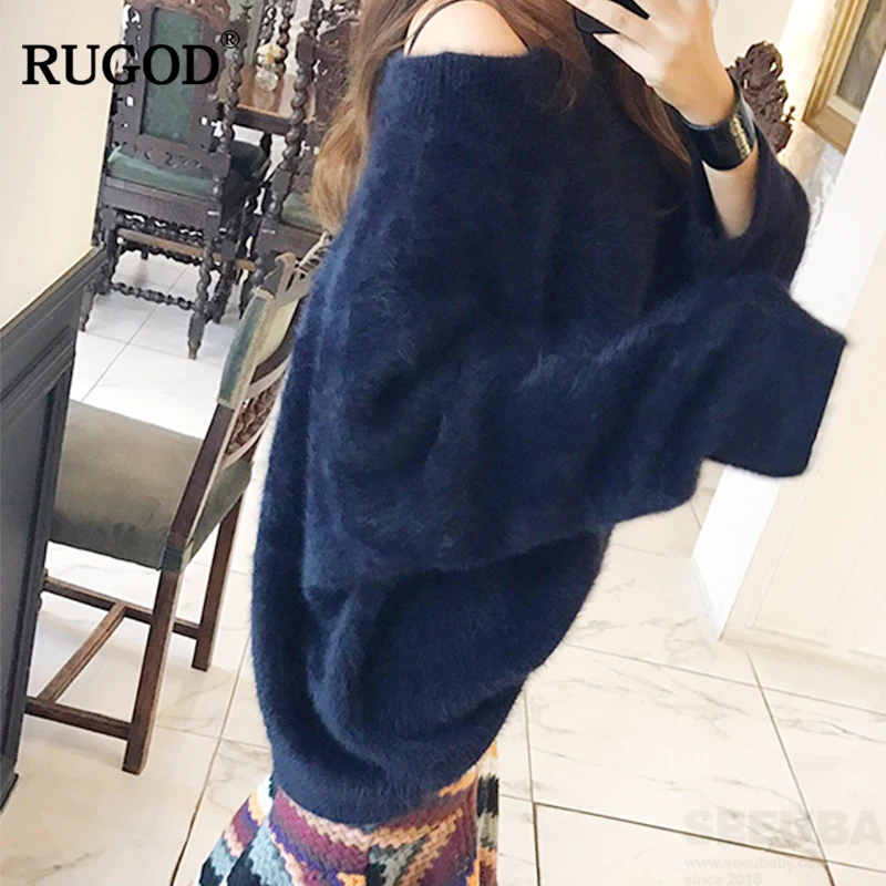 RUGOD 2018 Autumn and winter New White and Pink Oversize Loose Slash Neck Hight Street style women sweater Pullovers korean