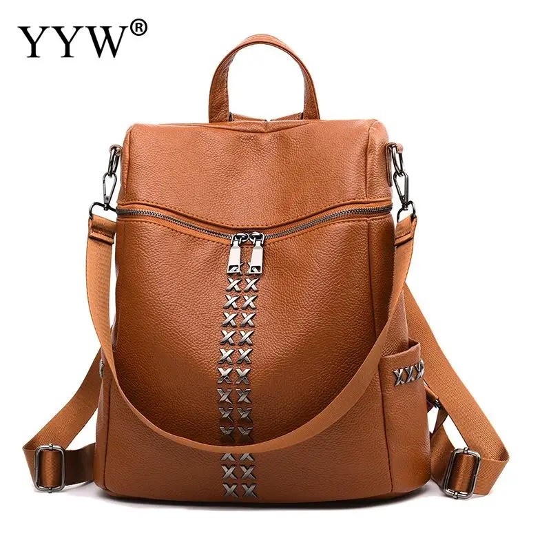 Casual Black School Bag For Teenage Travel Bag Back Girl Pu Leather Backpack Rivet Shoulder  Multifunction Bag Women Backpack