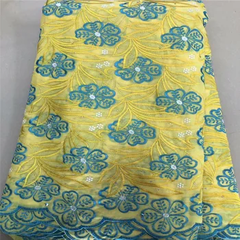 

2019 African Lace Fabric beads Swiss Voile Lace 100%Cotton Fabric,French Lace Fabric Chiffon With Stones Embroidery yellow green