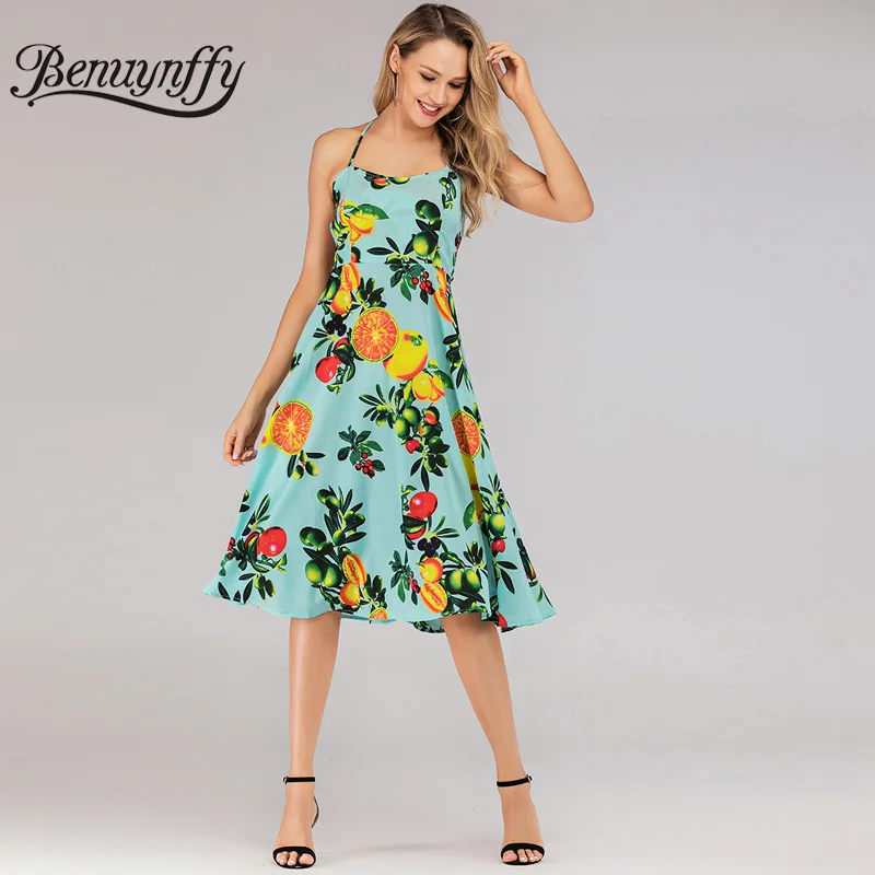 

Benuynffy Tropical Print Summer Holiday Dress Women Sexy Spaghetti Strap Sleeveless Backless Knee-Length Dress Beach Vestidos