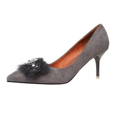 2017 Pre Spring Women Shoes Genuine Rabbit Fur Flower Sequined Crystal Decro Pumps High Thin Heels Wedding Shoes Khaki Gray Pink