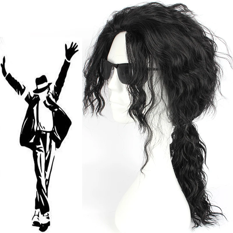 Michael Jackson Cosplay Black Wigs Heat Resistant Synthetic Black Wavy Hair Ponytail Cosplay Wig Halloween Carnival Party Wigs