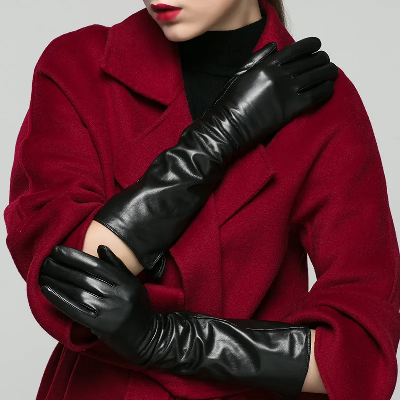 KLSS Brand Genuine Leather Women Gloves About 40cm Long Fashion Elegant Black Goatskin Glove Autumn Winter Plus Velvet X210