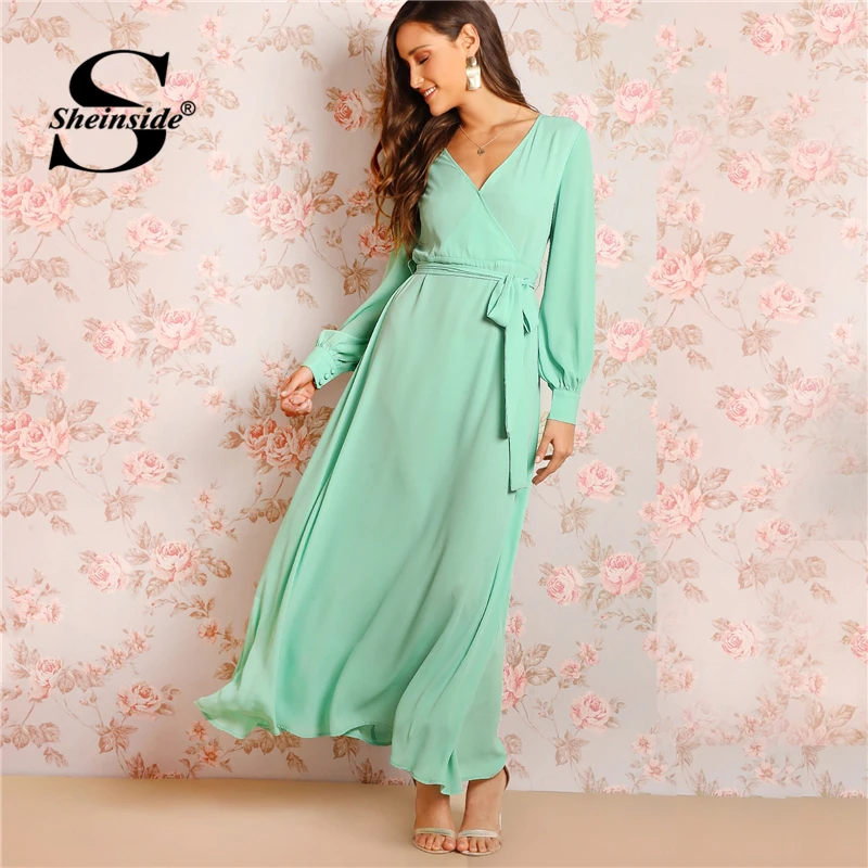 

Sheinside V Neck Bishop Sleeve Surplice Wrap Dress Women Green Romantic Long Party Dresses For Ladies Elegant A Line Maxi Dress
