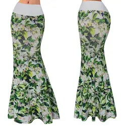 LE CELEBRE Высокая Талия Для женщин макси с цветочным принтом длинные юбки 2018 корейский Стиль Мода шифон Русалка юбка зеленый S-3XL
