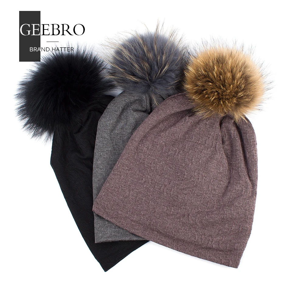 Geebro/весенние женские шапки-бини с помпон из меха енота; женские шапки из мягкого плюшевого хлопка; Шапка-бини; DQ428A