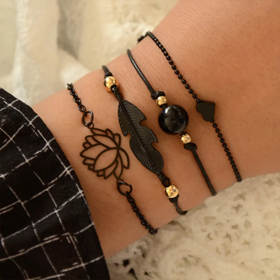 

Black Hollow Lotus Hand Chain Feather Bead Charm Bracelets for Women Heart Bracelet Set 2019 Fashion Jewelry Simple Gift New