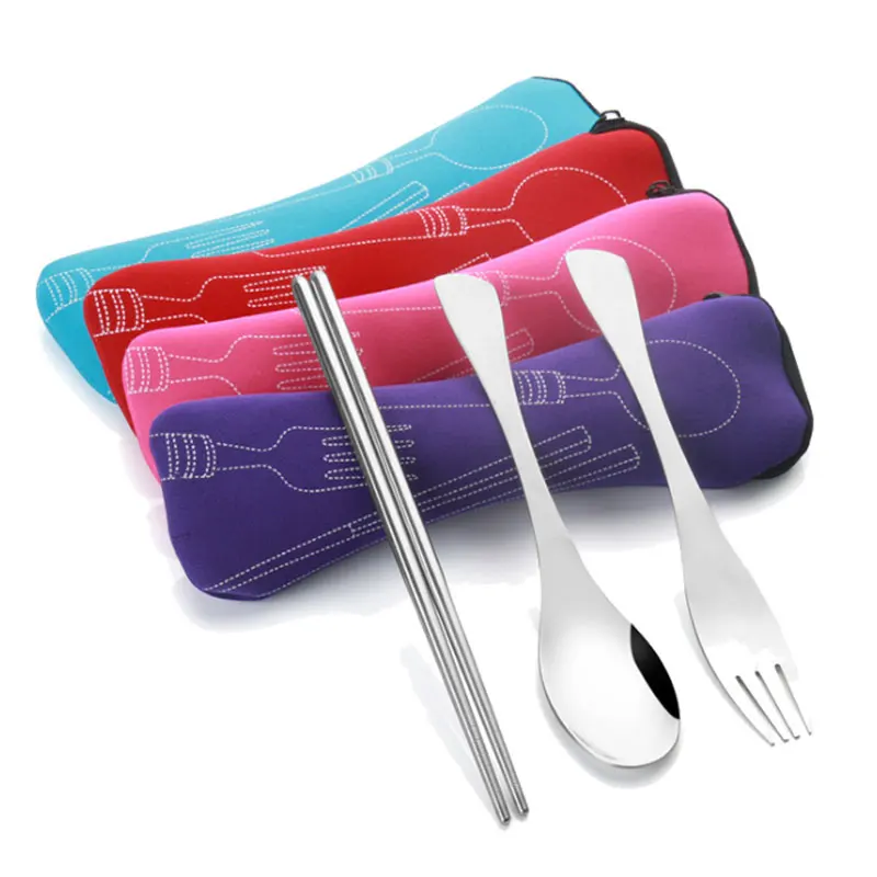 

Outdoor camping tableware 3 pieces / set of fork spoon chopsticks stainless steel travel tools portable tableware 5 colors