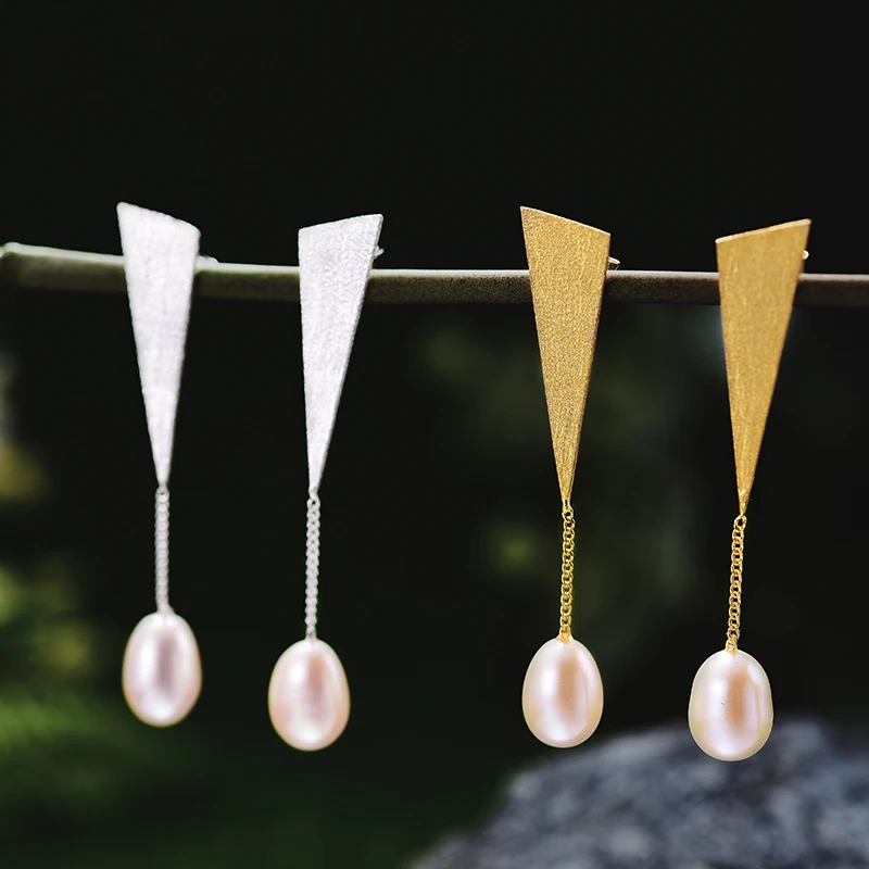 Lotus Fun Real 925 Sterling Silver Natural Pearl Original Handmade Fine Jewelry Triangle Water Drop Dangle Earrings for Women - Image 3