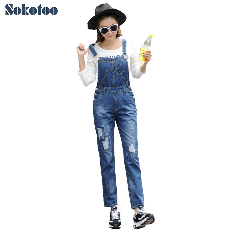 

Sokotoo Women's casual hole patch denim bib overalls Girl's patchwork distressed ripped jeans Ankle length crop jumpsuits