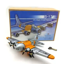 [Divertido] Colección para adultos Retro cuerda de juguete de Metal estaño vuelo fortaleza bombardero propulsor avión relojería juguete modelo vintage juguete para regalo