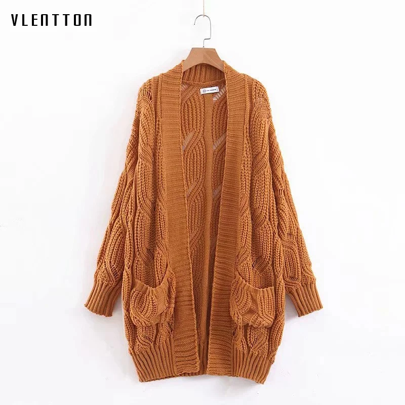 

2019 Autumn Knitted Hollow Long Sleeve Cardigan Sweater Women V-neck Pink Sweaters Female Casual Loose Jumper Coat Outwear Tops