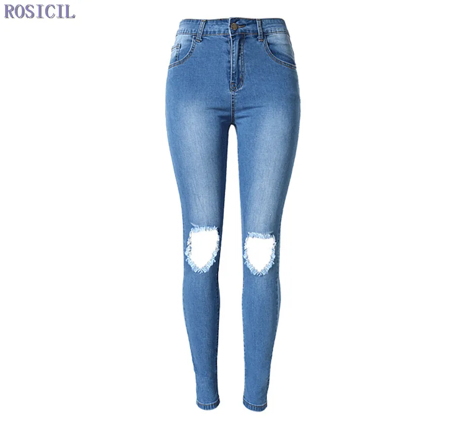 Rosicil Autumn Ripped Jeans Female Casual Washed Holes Jeans For Women Regular Long Torn Jeans